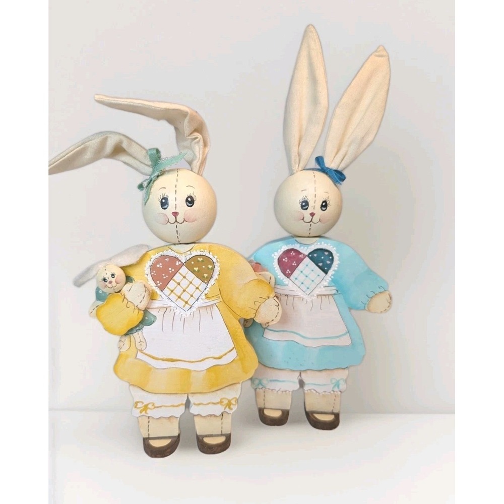 Vintage 1995 Set Of 3 Wooden Folk Art Bunnies Signed Easter Hand Painted